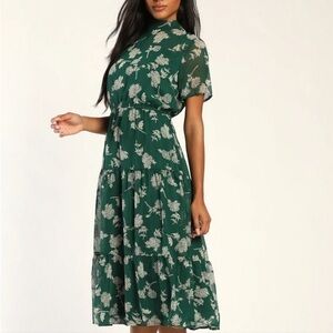 Lulus Floral Dressed Up Dark Green Floral Print Midi Dress